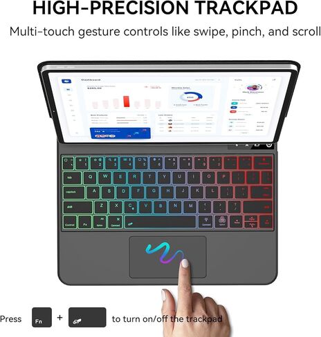مناسب لجهاز iPad Air 13 بوصة (M32025/M22024) وiPad Pro (الجيل الثالث/الرابع/الخامس/السادس) واقي لوحة المفاتيح، دعامة ناتئة عائمة، لوحة مفاتيح مغناطيسية مع لوحة لمس/إضاءة خلفية متعددة الألوان، أسود in Kuwait