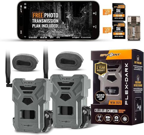 كاميرا SPYPOINT Flex Dark GPS الخلوية، كشف 100 قدم، لا حاجة إلى واي فاي، كاميرا تريل مع بطاقة ذاكرة 32 جيجابايت وقارئ بطاقات (عبوتان) in Kuwait