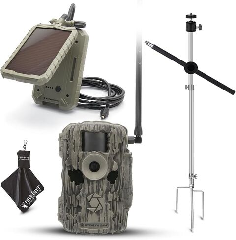 كاميرا Stealth Cam Fusion MAX 36MP الخلوية مع شريحة اتصال مزدوجة (AT&T & Verizon)، مشغل 0.35 ثانية، فيديو 1080 بكسل، التحكم في التطبيق، تتضمن لوحة شمسية، عمود، وقطعة قماش للتنظيف (4PK) in Kuwait