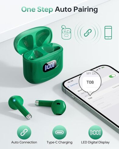 KTGEE Wireless Earbuds Bluetooth 5.3 Headphones, 40Hrs Playback Stereo Ear Buds with LED Display Charging Case IPX7 Waterproof in-Ear Earphones，Black Green in Kuwait