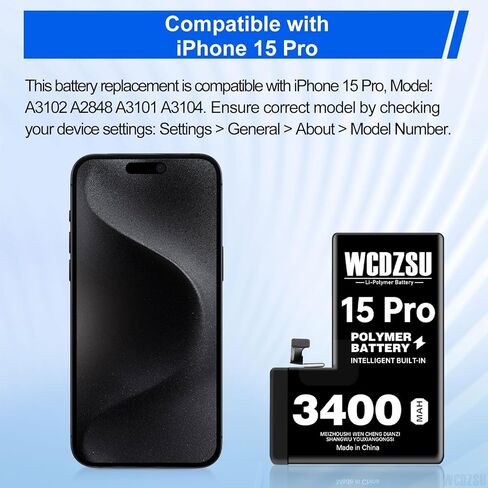 Battery Replacement for iPhone 15 Pro 3400mAh High Capacity New 0 Cycle Lithium Polymer Battery for iPhone 15 Pro with Full Tool Kit Model A3102 A2848 A3101 A3104 in Kuwait