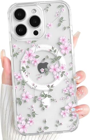 NITITOP متوافق مع حافظة iPhone 17، حافظة مغناطيسية شفافة لطيفة متوافقة مع MagSafe Flowers Floral Plant Leafs للنساء والفتيات، غطاء هاتف واقٍ مضاد للصدمات من البولي كربونات الخلفي - أبيض in Kuwait