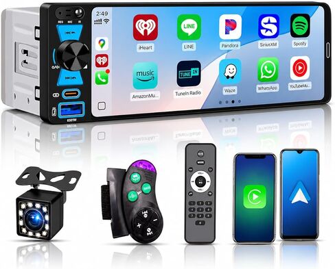 Single Din Car Stereo, 6.5 Inch in-Cell Touch Screen, Wireless Apple CarPlay Android Auto, Bluetooth 5.2, 180W Amplifier, Car Radio, Dual USB + Type-C, Backup Camera, Universal Fit for One Din Cars in Kuwait