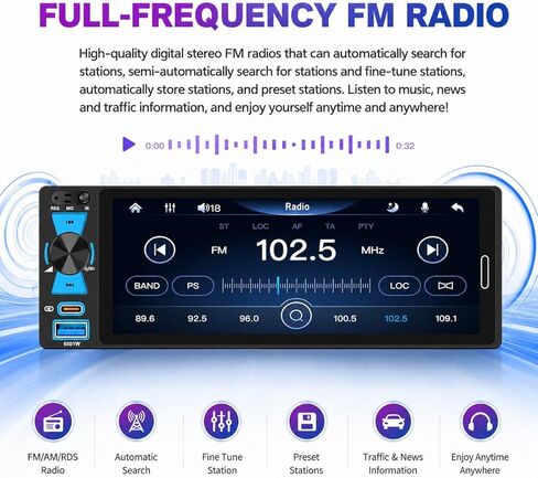 Single Din Car Stereo, 6.5 Inch in-Cell Touch Screen, Wireless Apple CarPlay Android Auto, Bluetooth 5.2, 180W Amplifier, Car Radio, Dual USB + Type-C, Backup Camera, Universal Fit for One Din Cars in Kuwait