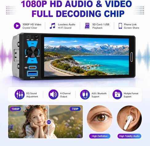 Single Din Car Stereo, 6.5 Inch in-Cell Touch Screen, Wireless Apple CarPlay Android Auto, Bluetooth 5.2, 180W Amplifier, Car Radio, Dual USB + Type-C, Backup Camera, Universal Fit for One Din Cars in Kuwait