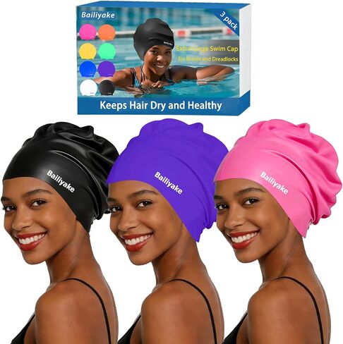 Bailiyake 3 Pack Extra Large Swim Cap for Braids and Dreadlocks，Waterproof Silicone Swim Cap for Women Men，Long Hair Swim Cap Swim Hat Cover Ear Bathing Shower Swimming Cap for Long Thick Curly Hair in Saudi Arabia