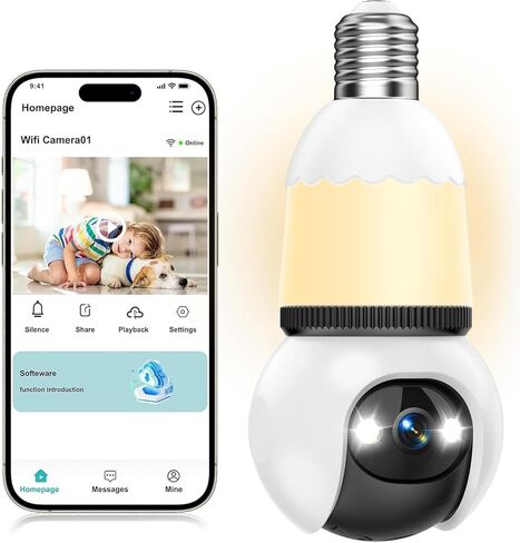 كاميرا مراقبة Hawkray Light Bulb Security لاسلكية للاستخدام الداخلي والخارجي - 5&2.4 جيجا هرتز واي فاي ثنائي النطاق، إمالة 360 درجة، رؤية ليلية ملونة 2K، كشف الحركة وإنذار صفارات الإنذار، صوت ثنائي الاتجاه in Kuwait