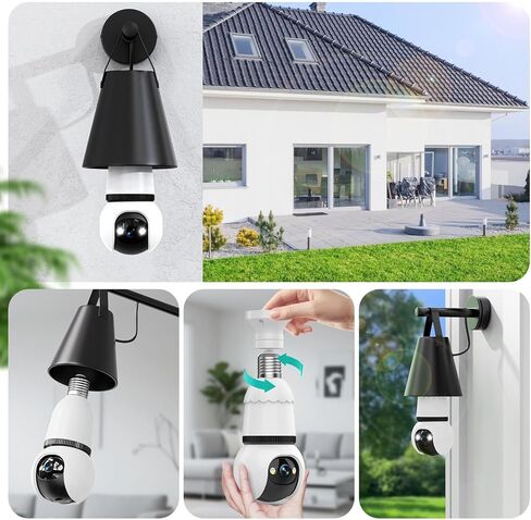 كاميرا مراقبة Hawkray Light Bulb Security لاسلكية للاستخدام الداخلي والخارجي - 5&2.4 جيجا هرتز واي فاي ثنائي النطاق، إمالة 360 درجة، رؤية ليلية ملونة 2K، كشف الحركة وإنذار صفارات الإنذار، صوت ثنائي الاتجاه in Kuwait