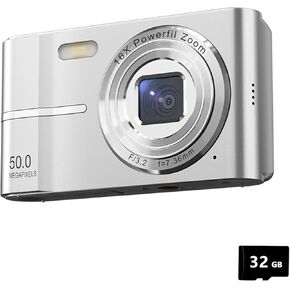 Digital Camera, Autofocus 4K Ultra HD Imaging, 50MP Portable Compact Camera with 32GB Memory Card, 16X Zoom, Flash & Anti-Shake, for Teens and Adult Beginners,1 Batteries (Silver) in Saudi Arabia