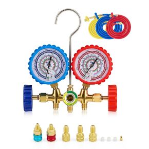 OMT AC Gauges, AC Manifold Gauge Set for R134a R12 R22 R502, 3 Way Automotive AC Gauge Set with Antishock Gauges Hoses Couplers Adapter, Puncturing Can Tap Freon Recharge Kit, Blue Case in Saudi Arabia