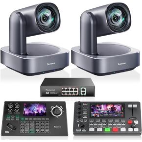 Tenveo 4K PTZ Camera Bundle/Kit - 2-Pack 12X Optical Zoom AI Cameras (LAN/HDMI/USB3.0), 5-inch Screen NDI Joystick Controller, 4K HDMI SDI Video Switcher and 8-Port PoE Switch in Kuwait