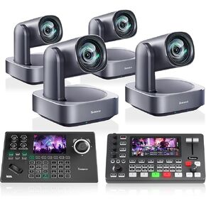 مجموعة/مجموعة كاميرا Tenveo 4K PTZ وConroller - 4 عبوات من كاميرات التتبع AI بتكبير بصري 12X (LAN/HDMI/USB3.0)، وحدة تحكم بعصا التحكم بشاشة 5 بوصة، ومحول فيديو 4K HDMI SDI ومفتاح PoE بـ 8 منافذ in Kuwait