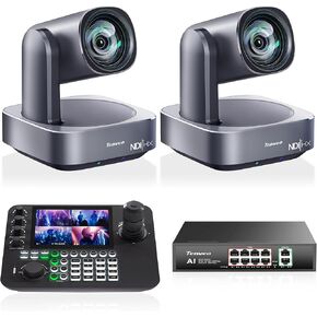 Tenveo 4K PTZ Camera and Conroller Bundle/Kit - 2-Pack 12X Optical Zoom NDI AI Tracking Cameras (LAN/HDMI/USB3.0), 7-inch Quad-Screen NDI Joystick Controller, and 8-Port Gigabit PoE Network Switch in Kuwait
