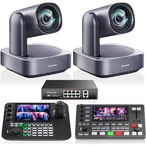Tenveo 4K PTZ Camera Bundle/Kit - 2-Pack 12X Optical Zoom AI Cameras (LAN/HDMI/USB3.0), 7-inch Quad-Screen NDI Joystick Controller, 4K HDMI SDI Video Switcher and 8-Port PoE Switch in Kuwait