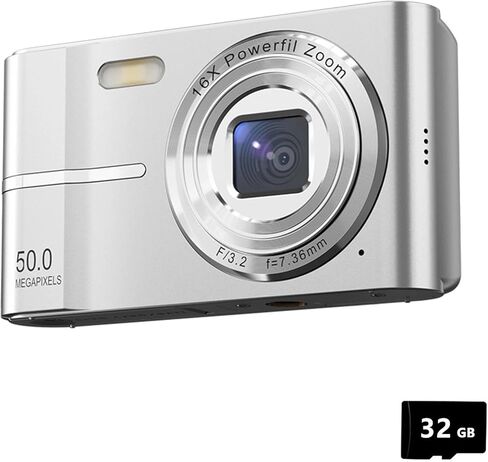 Digital Camera, Autofocus 4K Ultra HD Imaging, 50MP Portable Compact Camera with 32GB Memory Card, 16X Zoom, Flash & Anti-Shake, for Teens and Adult Beginners,1 Batteries (Silver) in Kuwait
