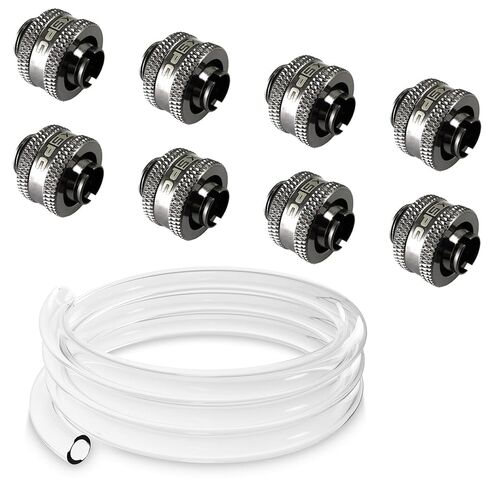XSPC Clear FLX Tubing (2 Meters) and G1/4" 3/8" ID, 1/2" OD Compression Fitting V2 Bundle, Black Chrome, 8-Pack in Kuwait