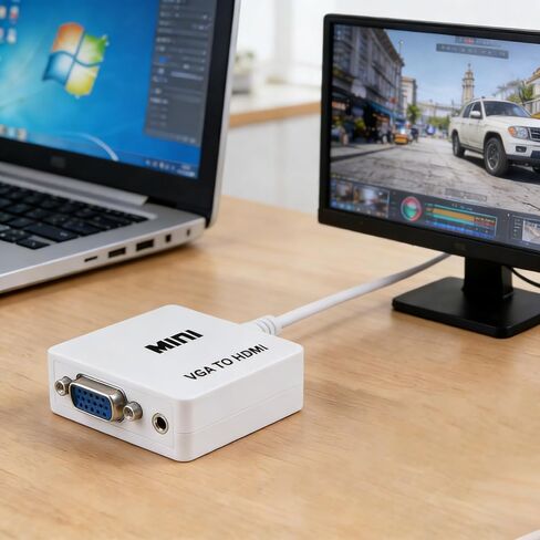 1080P VGA to HDMI Video Audio Converter Adapter with 3.5mm Audio Jack for PCs, HDTVs, Monitors, Projectors, Included USB Cable and Audio Cable in Kuwait