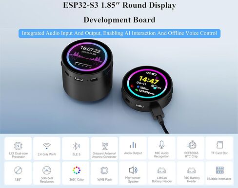 ESP32-S3 1.85inch Round Touch LCD Development Board, 360x360, Supports Wi-Fi & BLE 5, AI Speech, Smart Speaker Box, Support AI Interaction and Offline Voice Control, with Speaker Box in Kuwait