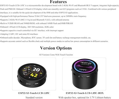 ESP32-S3 1.85inch Round Touch LCD Development Board, 360x360, Supports Wi-Fi & BLE 5, AI Speech, Smart Speaker Box, Support AI Interaction and Offline Voice Control, with Speaker Box in Kuwait