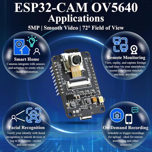 ESP32 CAM Development Board Kit with OV5640 5MP 72 Degree Camera Module | Dual-core 4MB Flash + 8MB SRAM 20Pin Type-C Port & CH340X Chip for Arduino Devkit in Kuwait