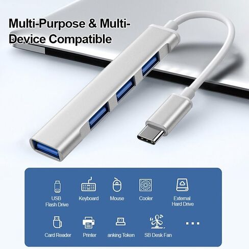 USB C Hub 4-Port Multiport Adapter, Metal USB-C to 4 USB Ports Expander for Laptop & Tablet, Plug and Play Portable USB Splitter for Home Office & Travel, Silver in Kuwait