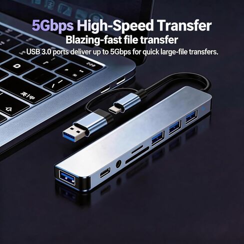 【8-in-1】 USB C Hub Docking Station Adapter with 5Gbps USB 3.0, SD/TF Card Reader, 3.5mm Audio, OTG Compatible with iPhone17,16,15,MacBook, Surface Pro, XPS, Dell, HP, Lenovo Laptop in Kuwait
