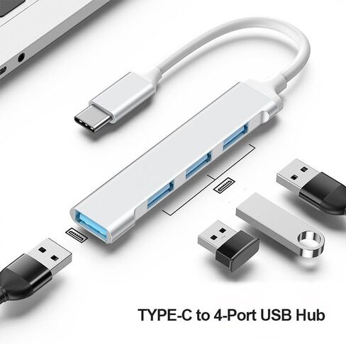USB C Hub 4-Port Multiport Adapter, Metal USB-C to 4 USB Ports Expander for Laptop & Tablet, Plug and Play Portable USB Splitter for Home Office & Travel, Silver in Kuwait