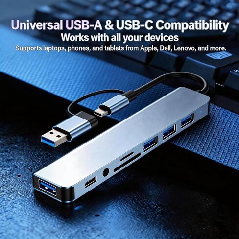 【8-in-1】 USB C Hub Docking Station Adapter with 5Gbps USB 3.0, SD/TF Card Reader, 3.5mm Audio, OTG Compatible with iPhone17,16,15,MacBook, Surface Pro, XPS, Dell, HP, Lenovo Laptop in Kuwait