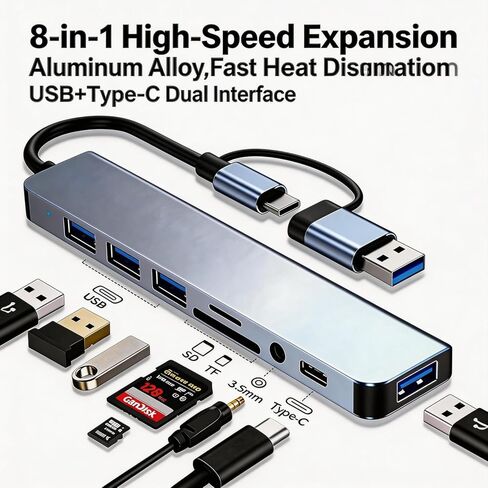 【8-in-1】 USB C Hub Docking Station Adapter with 5Gbps USB 3.0, SD/TF Card Reader, 3.5mm Audio, OTG Compatible with iPhone17,16,15,MacBook, Surface Pro, XPS, Dell, HP, Lenovo Laptop in Kuwait