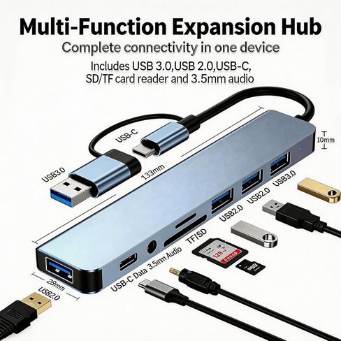 【8-in-1】 USB C Hub Docking Station Adapter with 5Gbps USB 3.0, SD/TF Card Reader, 3.5mm Audio, OTG Compatible with iPhone17,16,15,MacBook, Surface Pro, XPS, Dell, HP, Lenovo Laptop in Kuwait