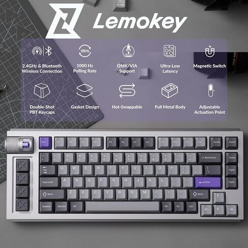 لوحة مفاتيح ألعاب LEMOKEY L1 HE 75% Hall Effect RGB، هيكل ألومنيوم كامل، اتصال ثلاثي الأوضاع، مشغل سريع وتشغيل قابل للتعديل، قابل للتبديل السريع، مكون الويب، مع مقبض، لنظامي التشغيل Windows وMac in Kuwait