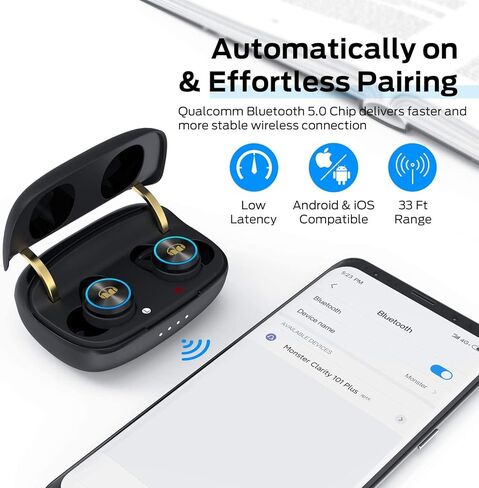Monster Clarity 101Plus AirLinks Wireless Earbuds, Bluetooth 5.0 in-Ear Headphones with Charging Case, Stereo Earphones Deep Bass Sound, Built-in Mic, Clear Call, Water Resistant Design for Sports in Kuwait