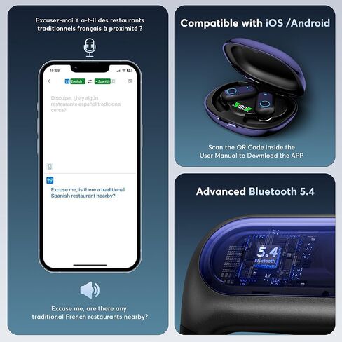 168 Languages AI Live Translation Earbuds, 4-in-1 Smart Mode Bluetooth 5.4 Touch Screen Earphones Real-Time Headphones Translator, Fit iOS and Android Ideal for Business and Learning, Deep Blue in Kuwait