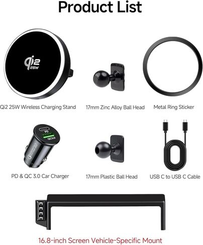 حامل هاتف شاحن سيارة لاسلكي سريع Qi2.2 Max 25W لشاشة GMC Yukon/Yukon XL 2025-2026 مقاس 16.8 بوصة، حامل هاتف مغناطيسي متوافق مع MagSafe in Kuwait