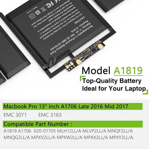 A1819 A1706 Laptop Battery Replacement for MacBook Pro 13 inch A1706 (Late 2016 Mid 2017) EMC 3071 3163 MLH12LL/A MPXV2LL/A MLVP2LL/A MNQF2LL/A MNQG2LL/A 11.4V 49.2Wh 4314mAh in Kuwait