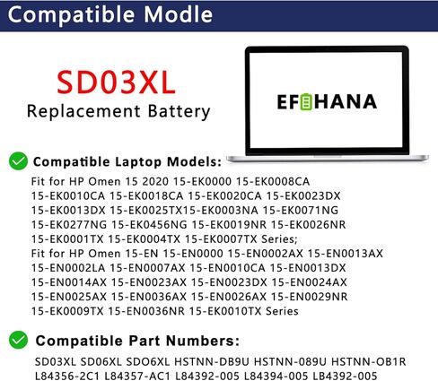 بطارية SD03XL 52.5Wh بديلة لـ HP Omen 15 2020 15-EK0000 Omen 15-EN 15-EN0000 Series SD06XL SDO6XL HSTNN-089U HSTNN-DB9U HSTNN-OB1R L84356-2C1 L84357-AC1 L84392-005 L84394-005 11.55 فولت in Kuwait