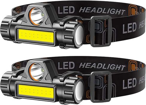 2 Pack Rechargeable Forehead Head Light - Night Walking Construction Headlamp USB 2000 Lumens Waterproof LED Lights Rotation Adjustment Modes for Camping Fishing Garage Work Headlight Flashlight in Kuwait