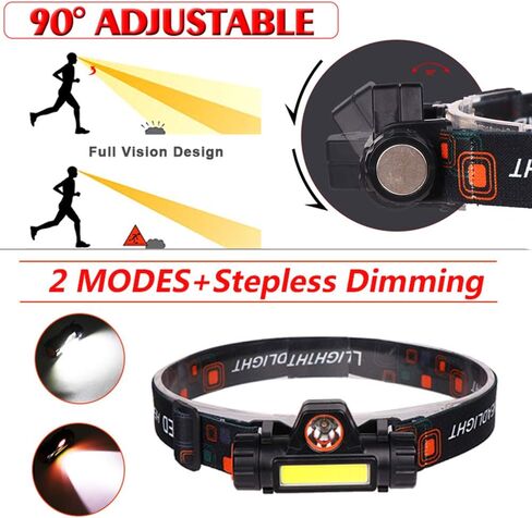 2 Pack Rechargeable Forehead Head Light - Night Walking Construction Headlamp USB 2000 Lumens Waterproof LED Lights Rotation Adjustment Modes for Camping Fishing Garage Work Headlight Flashlight in Kuwait