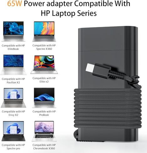 شاحن كمبيوتر محمول USB-C بقدرة 65 وات 45 وات بديل لجهاز HP Spectre x360 Envy 15 EliteBook X360 1030 G4 Pavilion ProBook ZBook Chromebook محول طاقة سريع (النوع C) in Kuwait