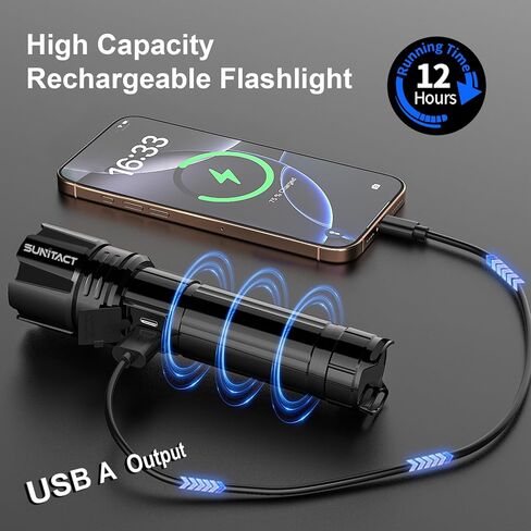 مصابيح Sunitact الكاشفة عالية اللومن القابلة لإعادة الشحن - 20000LM 30W ضوء فلاش LED فائق السطوع | شعاع 5000 قدم و12 ساعة طويل الأمد USB مصباح يدوي للشرطة عالي الطاقة للمنزل/التخييم/المشي لمسافات طويلة/الطوارئ in Kuwait