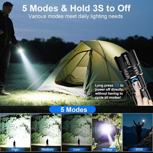 مصابيح Sunitact الكاشفة عالية اللومن القابلة لإعادة الشحن - 20000LM 30W ضوء فلاش LED فائق السطوع | شعاع 5000 قدم و12 ساعة طويل الأمد USB مصباح يدوي للشرطة عالي الطاقة للمنزل/التخييم/المشي لمسافات طويلة/الطوارئ in Kuwait