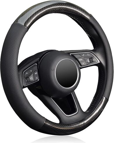 KAFEEK Classic Carbon Fiber Steering Wheel Cover, Universal 15 inch, Breathable Microfiber Leather, Black in Kuwait