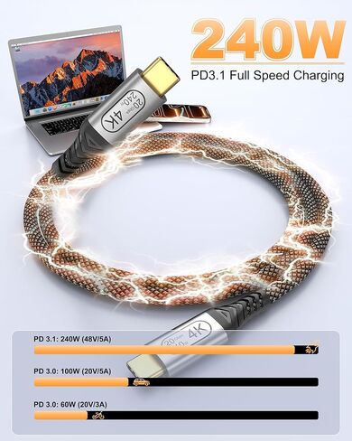 كابل عرض شاشة Bkduice USB C بطول 3 أقدام، كابل فيديو 4K USB C 3.2 Gen 2x2، نقل بيانات عالي السرعة 20 جيجابت في الثانية، شحن سريع 240 وات PD متوافق مع iPhone 17/16، MacBook، CarPlay، شاشة محمولة in Kuwait
