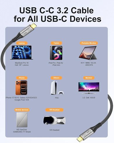 كابل عرض شاشة Bkduice USB C بطول 3 أقدام، كابل فيديو 4K USB C 3.2 Gen 2x2، نقل بيانات عالي السرعة 20 جيجابت في الثانية، شحن سريع 240 وات PD متوافق مع iPhone 17/16، MacBook، CarPlay، شاشة محمولة in Kuwait