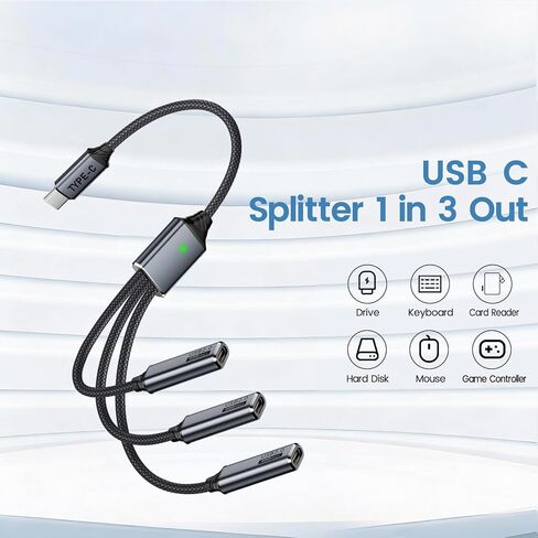 weishan USB C Splitter 1 in 3 Out Cable - 10-Inch Short USB-C Female to 3 Type-C Male Cord with USB Adapter, Charging and Data Transfer for PC Flash Drive Keyboard Mouse in Kuwait