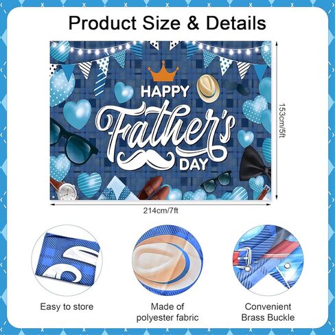 7 x 5 FT Father’s Day Backdrop – Blue Plaid Happy Father’s Day Photography Background with Hearts, Glasses, Hats, and Banners for Dad’s Celebration Parties in Kuwait