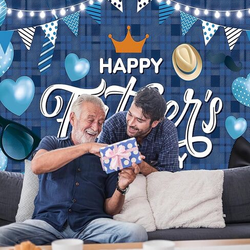 7 x 5 FT Father’s Day Backdrop – Blue Plaid Happy Father’s Day Photography Background with Hearts, Glasses, Hats, and Banners for Dad’s Celebration Parties in Kuwait
