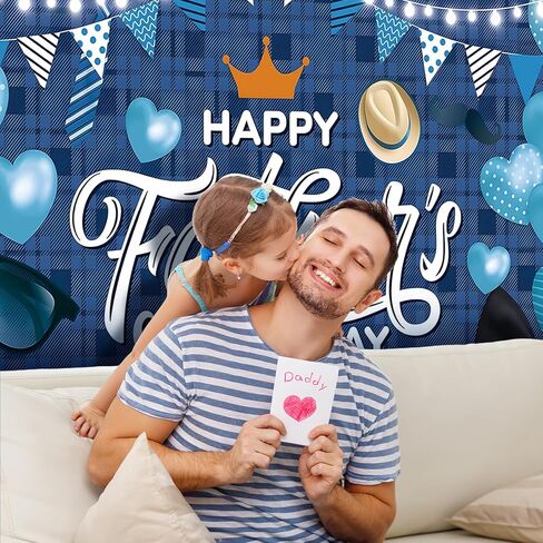 7 x 5 FT Father’s Day Backdrop – Blue Plaid Happy Father’s Day Photography Background with Hearts, Glasses, Hats, and Banners for Dad’s Celebration Parties in Kuwait