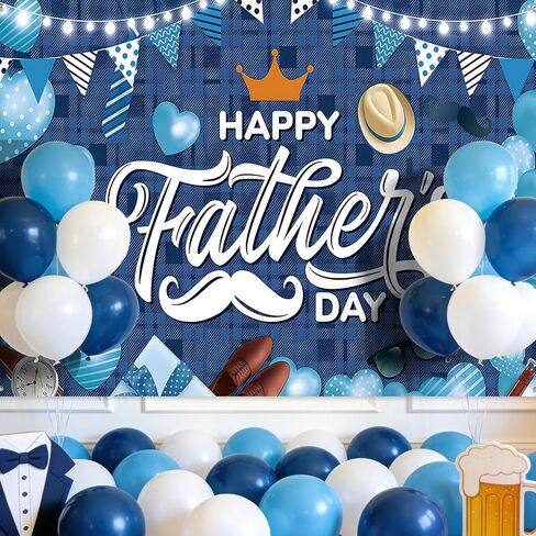 7 x 5 FT Father’s Day Backdrop – Blue Plaid Happy Father’s Day Photography Background with Hearts, Glasses, Hats, and Banners for Dad’s Celebration Parties in Kuwait