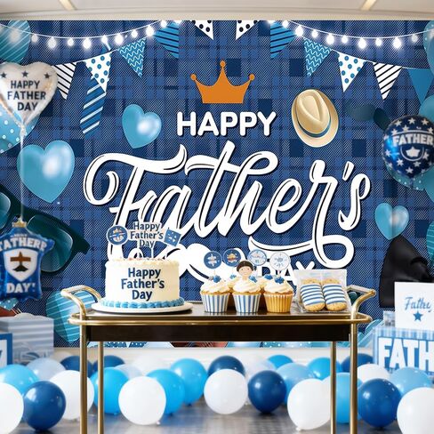 7 x 5 FT Father’s Day Backdrop – Blue Plaid Happy Father’s Day Photography Background with Hearts, Glasses, Hats, and Banners for Dad’s Celebration Parties in Kuwait